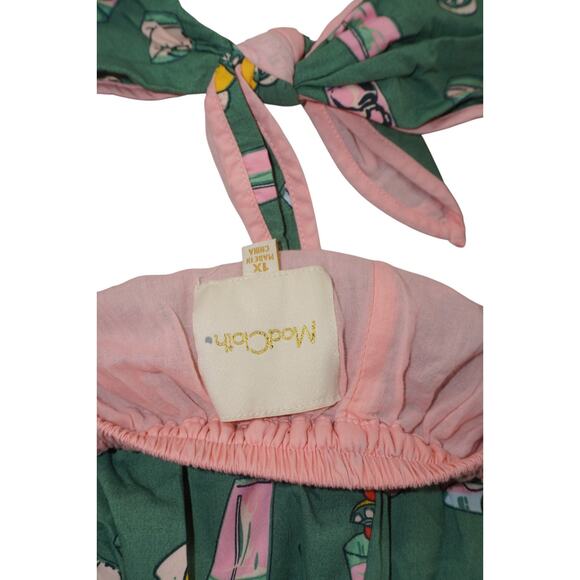 ModCloth Green Drink Print Fit & Flare Dress XL Pink Trim Tie Back Retro Style - Picture 6 of 6